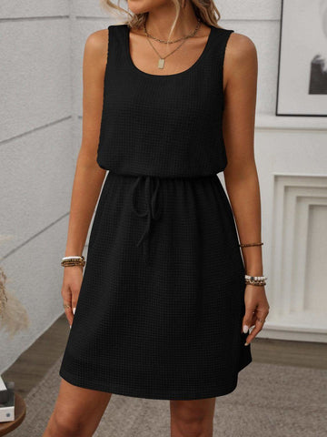 Waffle-Knit Drawstring Mini Tank Dress - SwagglyLife Home & Fashion Waffle-Knit Drawstring Mini Tank Dress - SwagglyLife Home & Fashion
