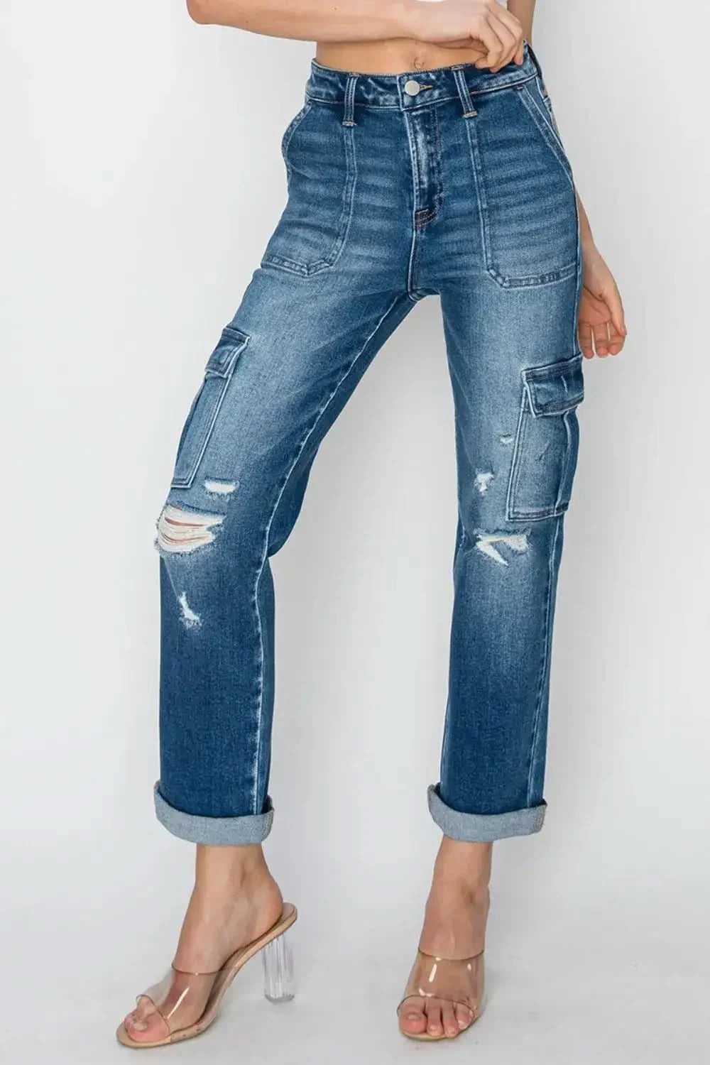 RISEN Full Size High Rise Cargo Ankle Roll Up Straight Jeans in - photo