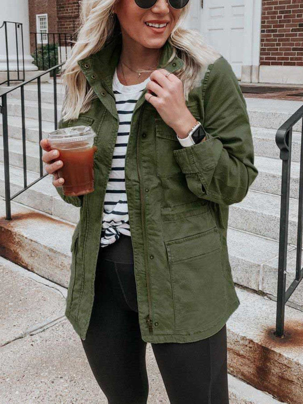Pocketed Long Sleeve Zip Up Jacket in Army Green - Jackets photo