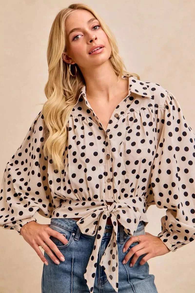 BiBi Polka Dot Print Tie Hem Detail Crop Shirt in - photo