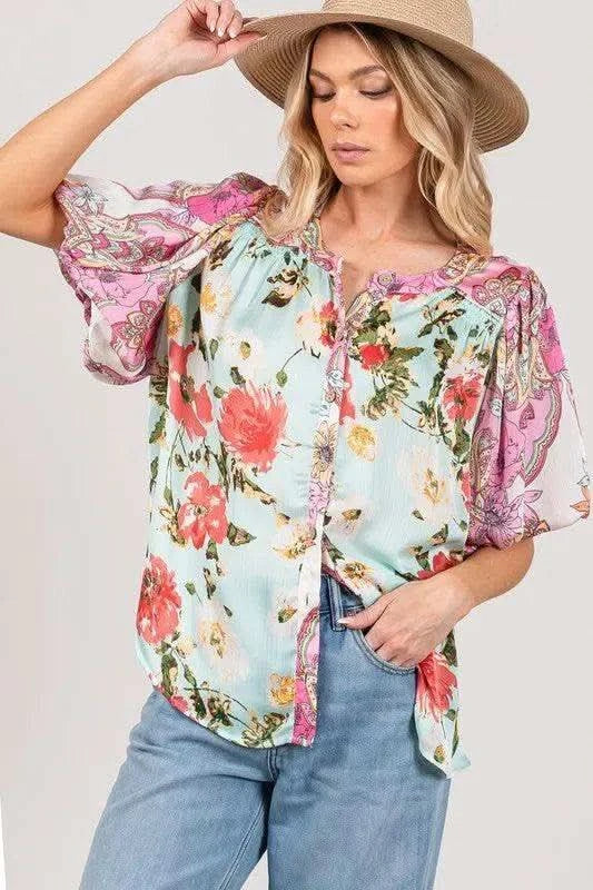 SAGE+FIG Plus Size Floral Mineral Wash French Terry Button Up Shirt in SKY BLUE - photo
