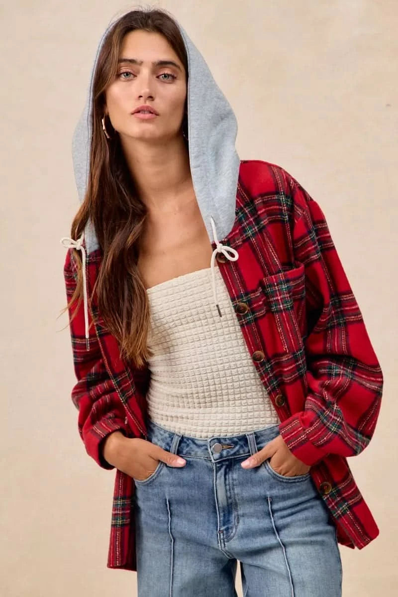BiBi Brushed Plaid Hooded Jacket in - photo