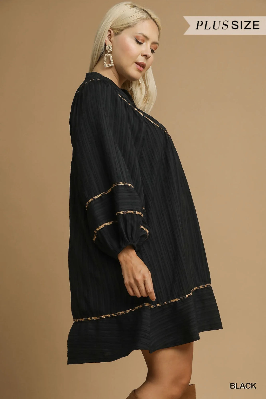 Umgee Full Size Textured Babydoll Dress with Leopard Trim Plus Size in - photo