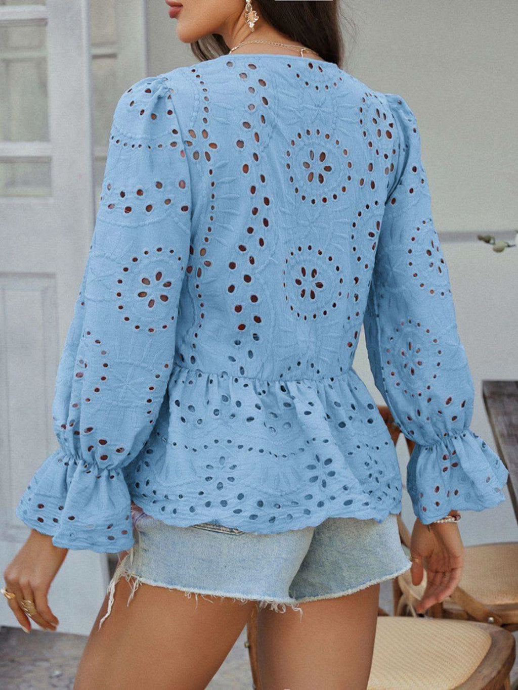 Devine Tie Front Flounce Sleeve Peplum Blouse in - Blouses photo