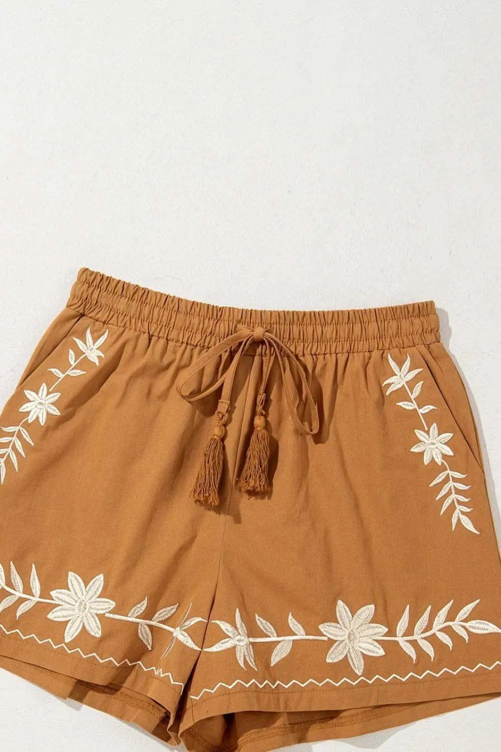 Embroidered Boho Tasseled Drawstring Elastic Waist Casual Shorts - SwagglyLife Home & Fashion