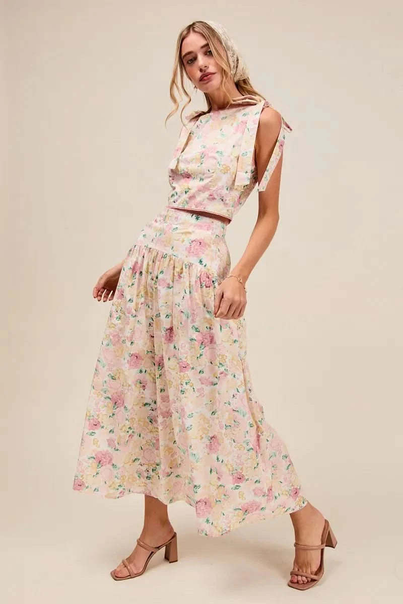 SO ME Floral Printed Woven Shoulder Bow Tie Top and Skirt Set in - photo