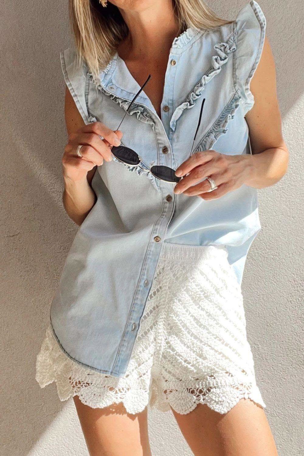 Frill Button Down Ruffled Cap Sleeve Denim Top - SwagglyLife Home & Fashion