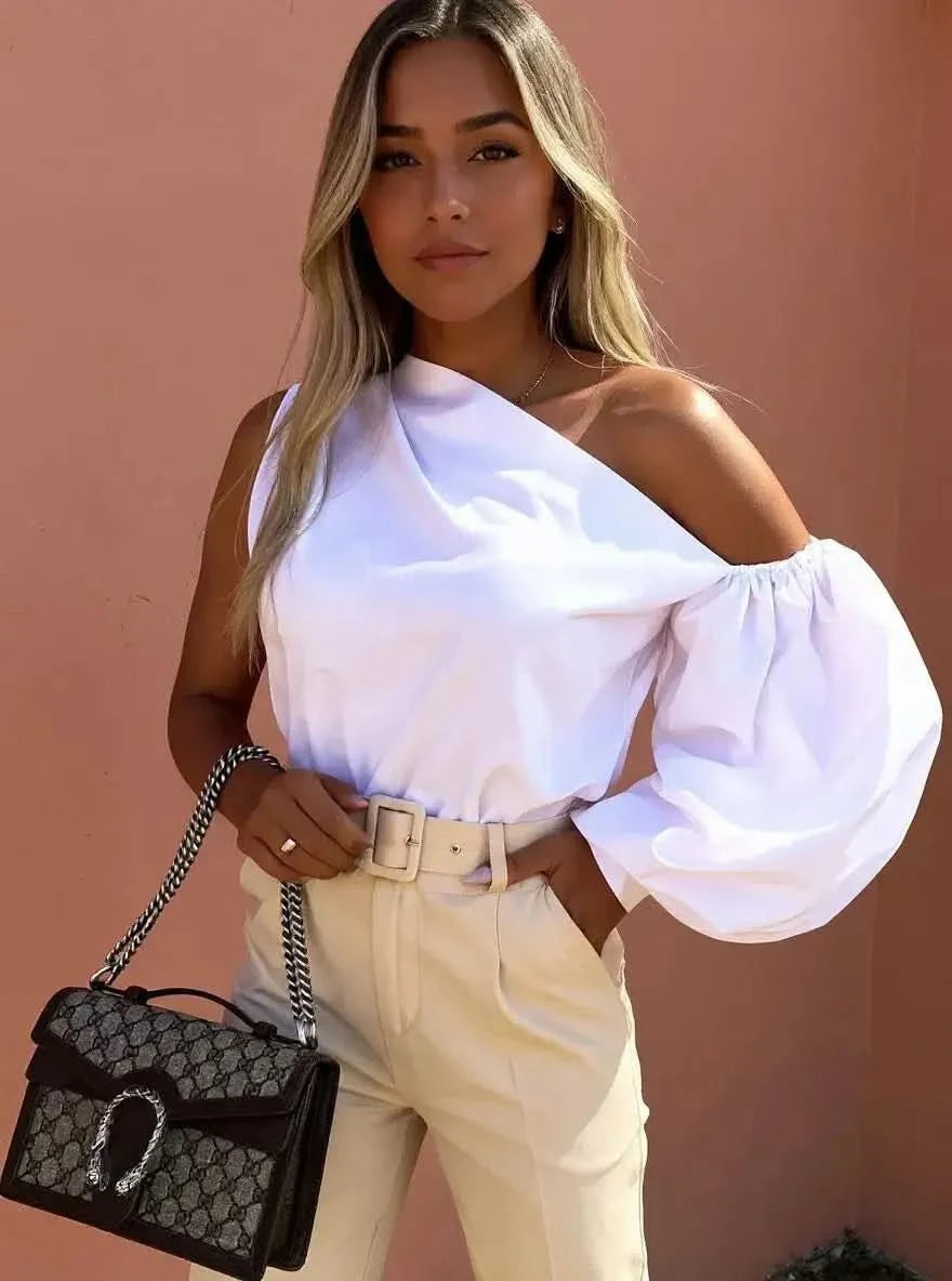 One Shoulder Puff Sleeve Blouse in White - photo