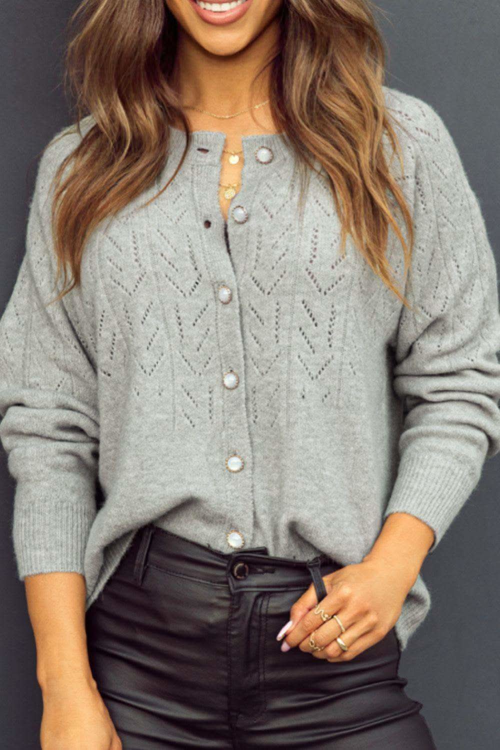 Openwork Button Down Long Sleeve Cardigan in - photo