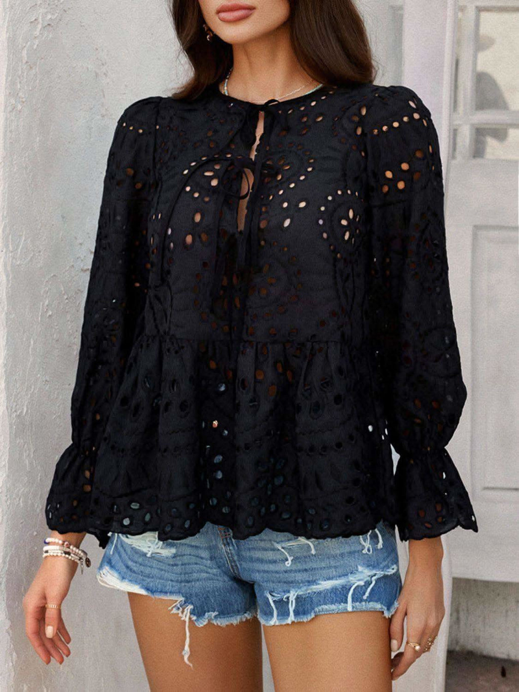Devine Tie Front Flounce Sleeve Peplum Blouse in Black - Blouses photo
