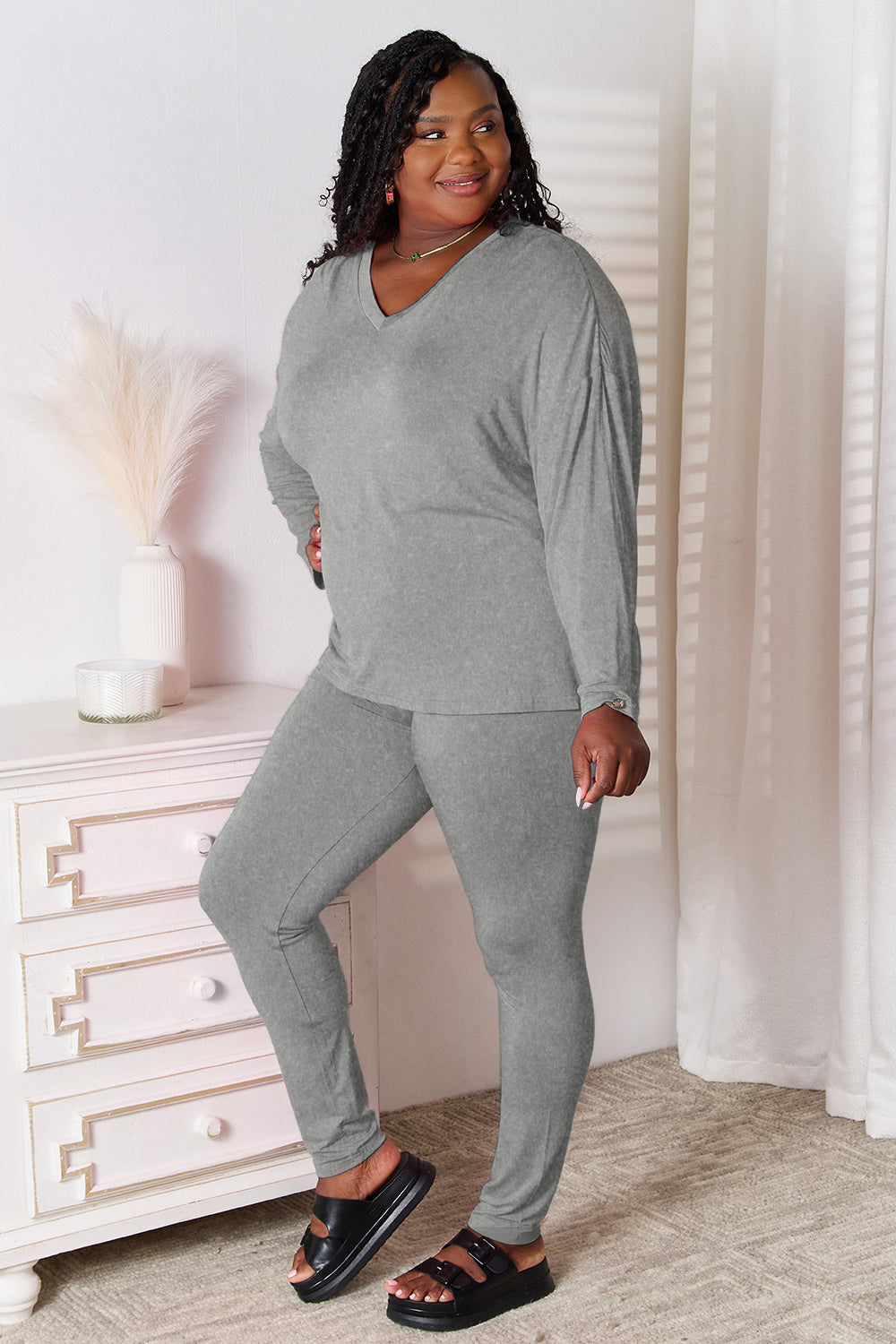 Basic Bae Bamboo Full Size V-Neck Long Sleeve Top and Pants Lounge Set in - Sets photo