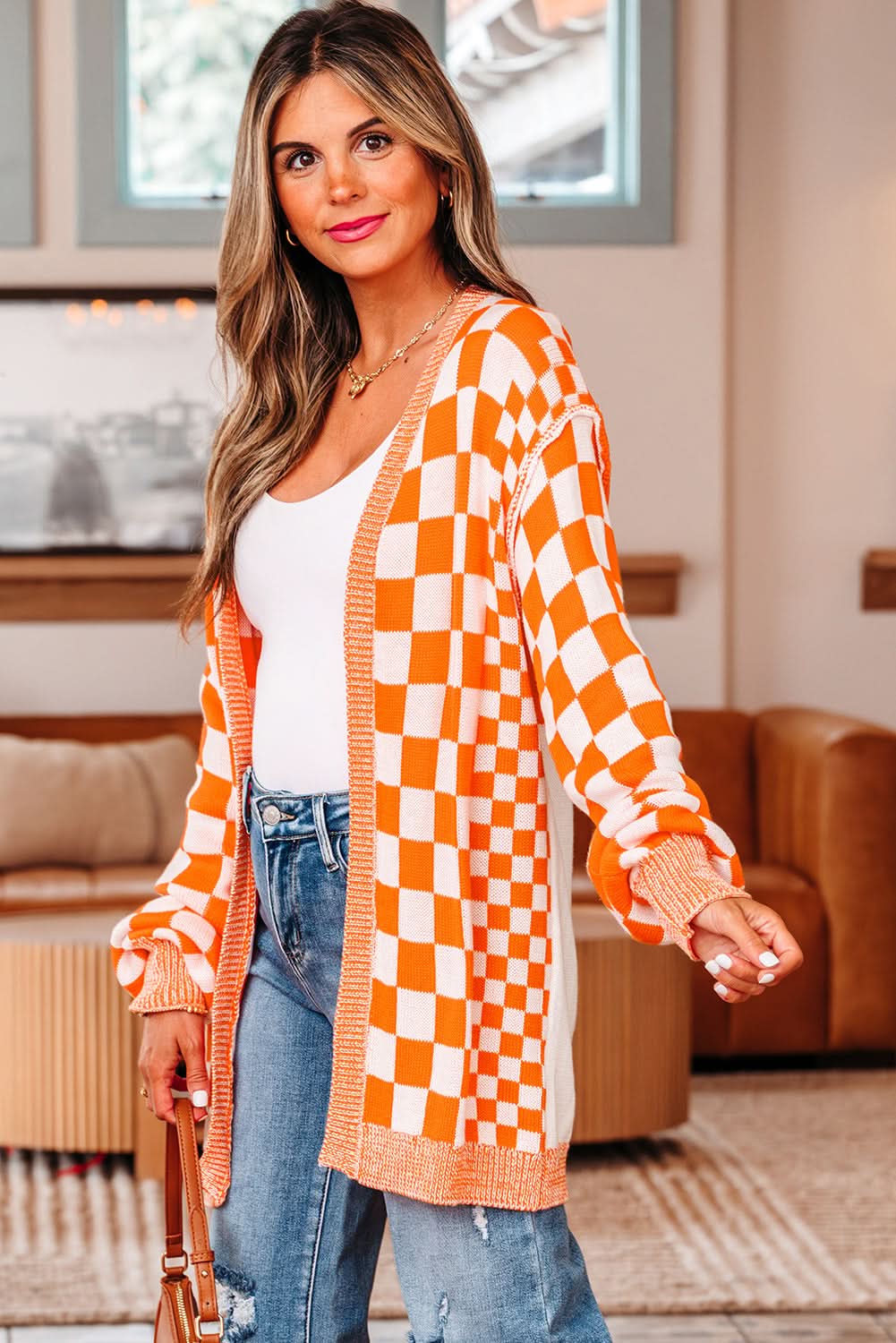 Wrenley Checkered Open Front Drop Shoulder Cardigan in - Sweaters & Cardigans/Cardigans photo