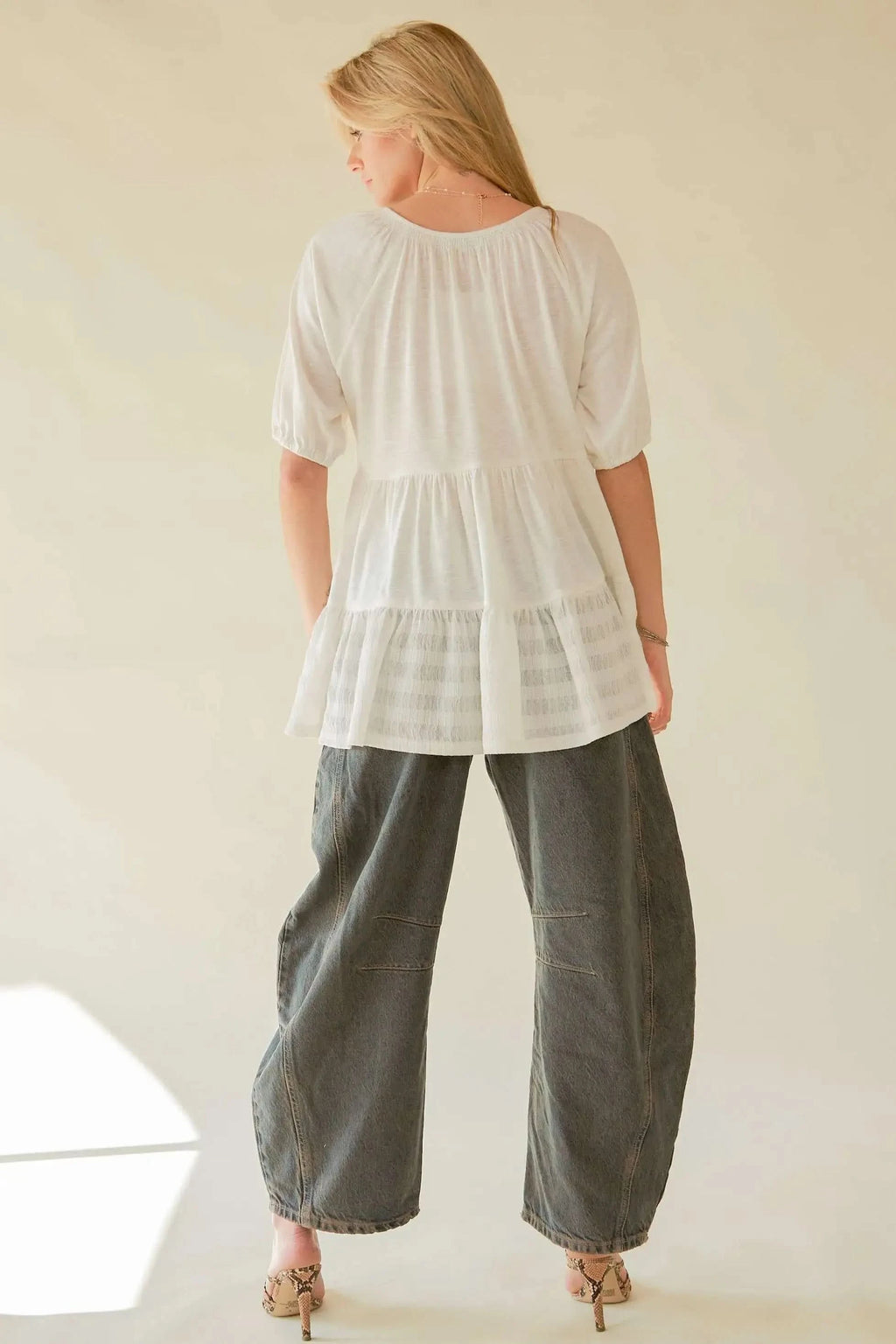 Davi & Dani Ruffled Flared Short Sleeve V Neck Blouse in - photo