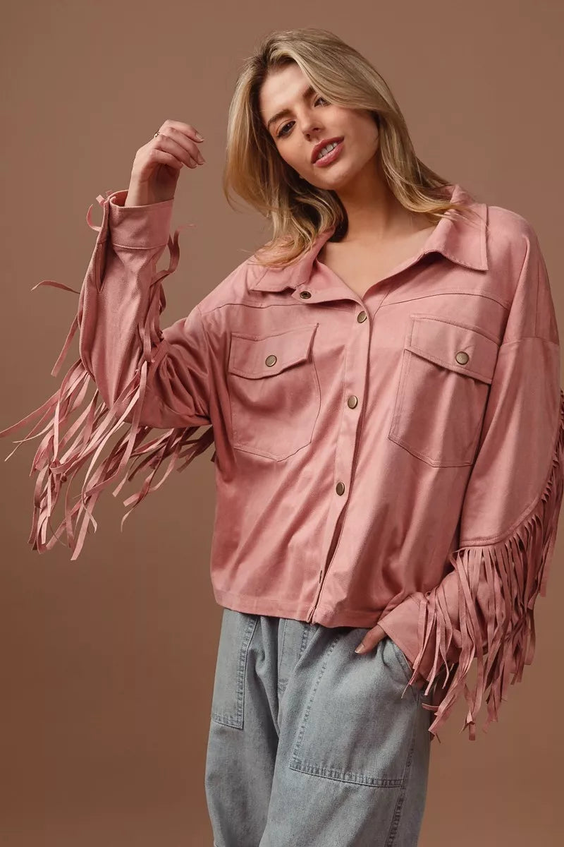 BiBi Suede Fringe Long Sleeve Jacket in BLUSH - photo