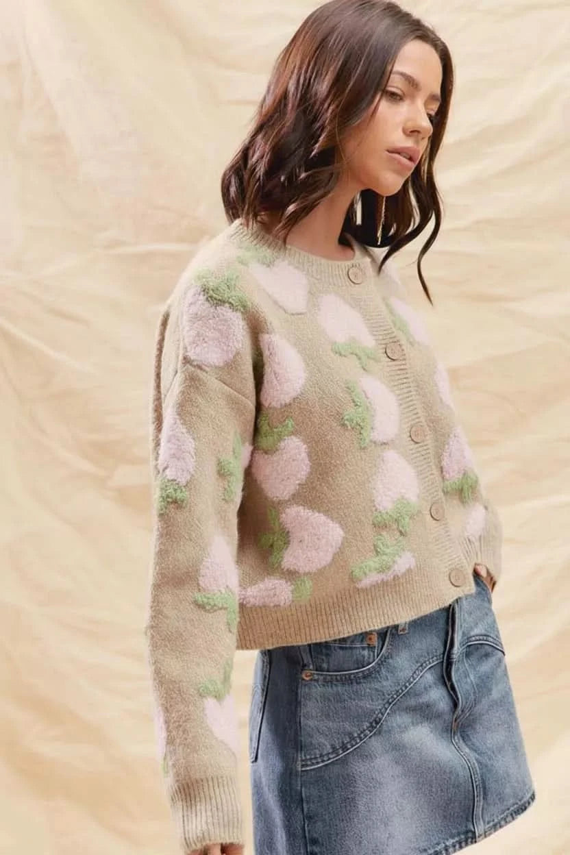 SO ME Strawberry Fruit All Over Button Sweater Cardigan in - photo