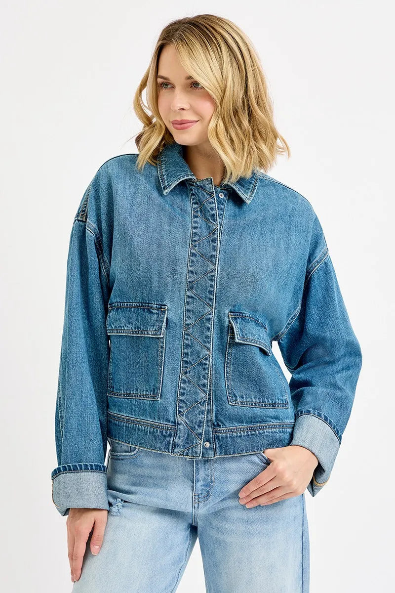 RISEN Oversized Cargo Pocket Denim Jacket with Cuffed Sleeves in - photo