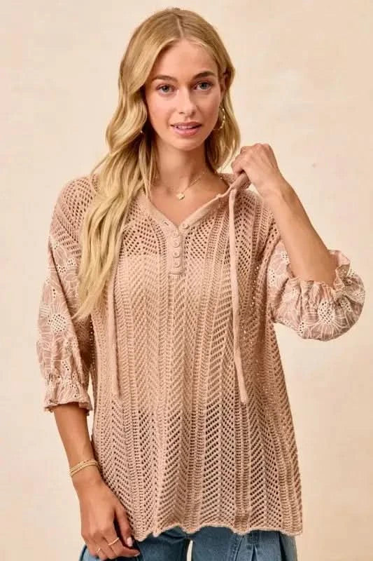 BiBi Jacquard Flower Puff Sleeve Hooded Knit Top - SwagglyLife Home & Fashion BiBi Jacquard Flower Puff Sleeve Hooded Knit Top - SwagglyLife Home & Fashion