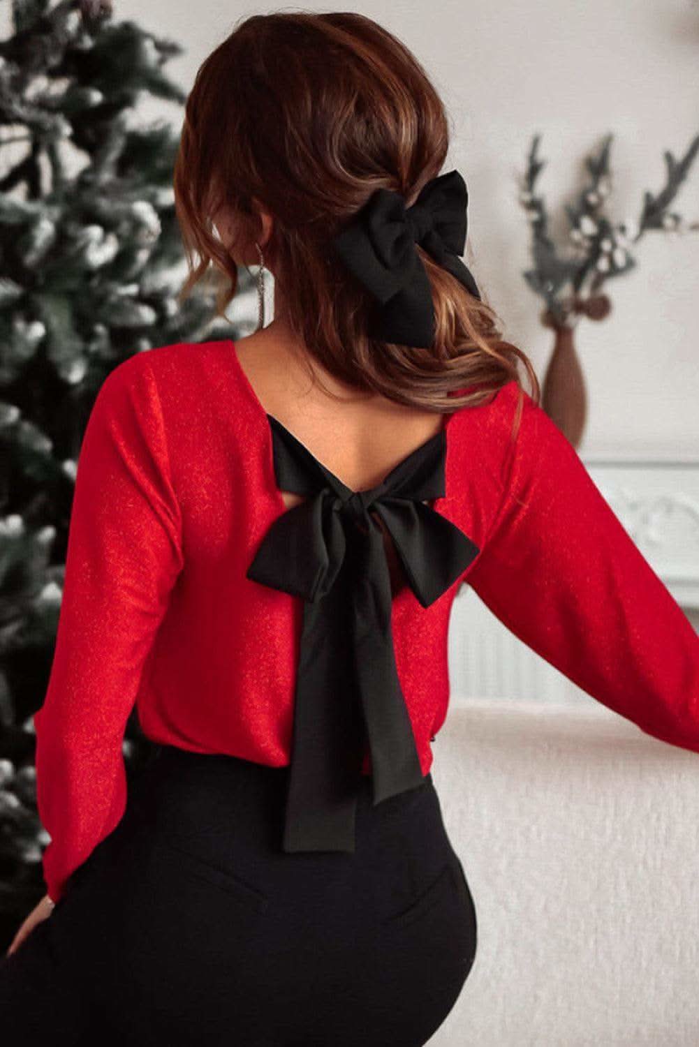 Bowknot V-Neck Long Sleeve Blouse - SwagglyLife Home & Fashion