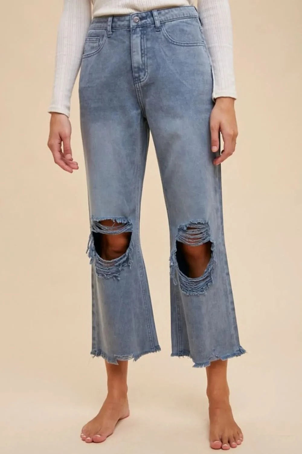 Annie Wear Distressed Raw Hem Jeans in Dusty Blue - photo