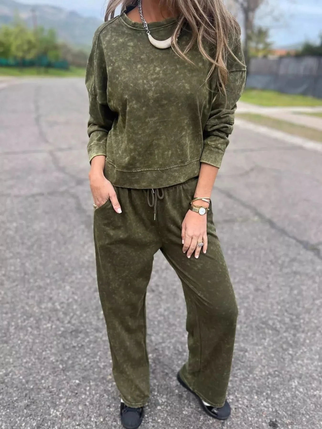 Full Size Washed Round Neck Top and Drawstring Pants Set Plus Size in - photo