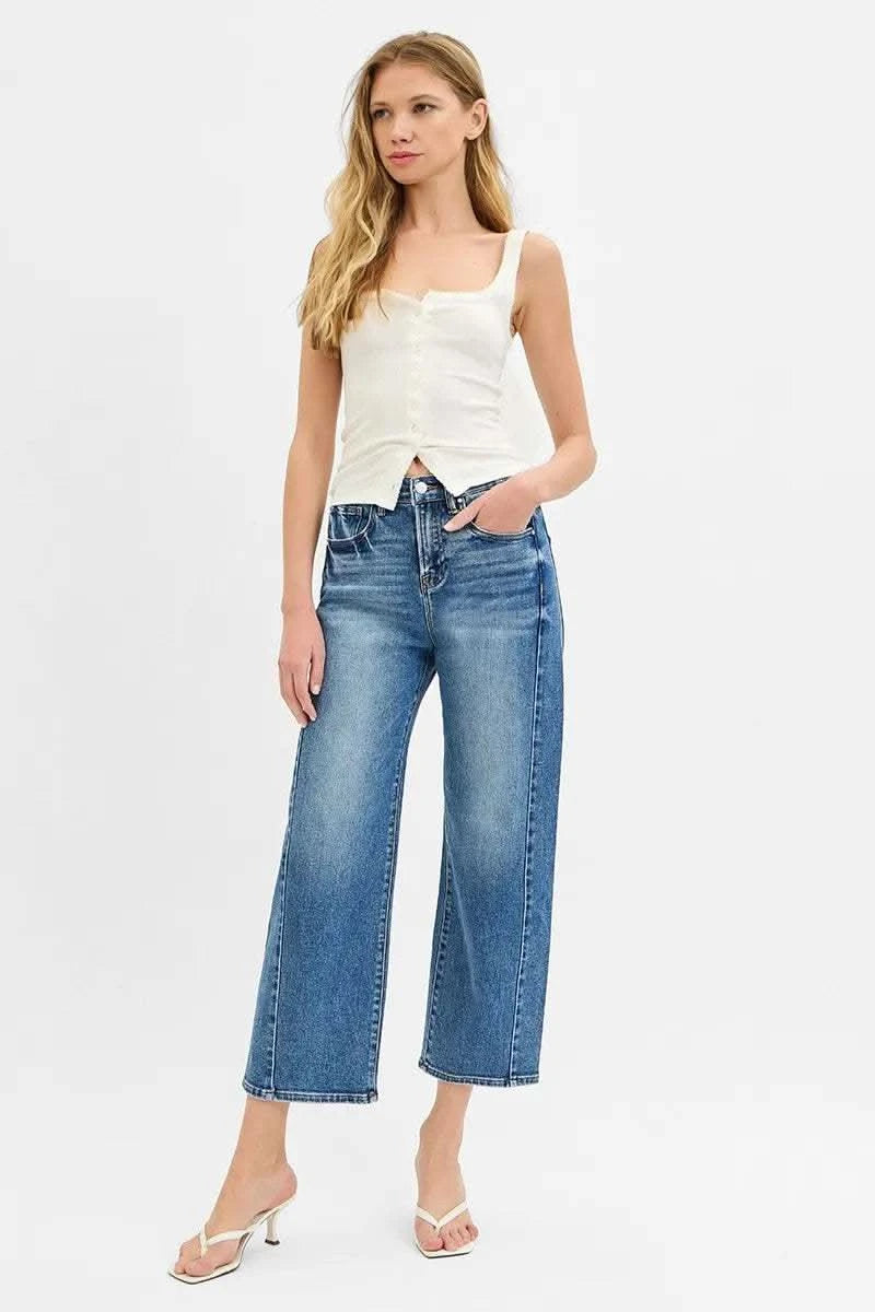 RISEN High Rise Crop Length Barrel Adjustable Waist Band Jeans in - photo