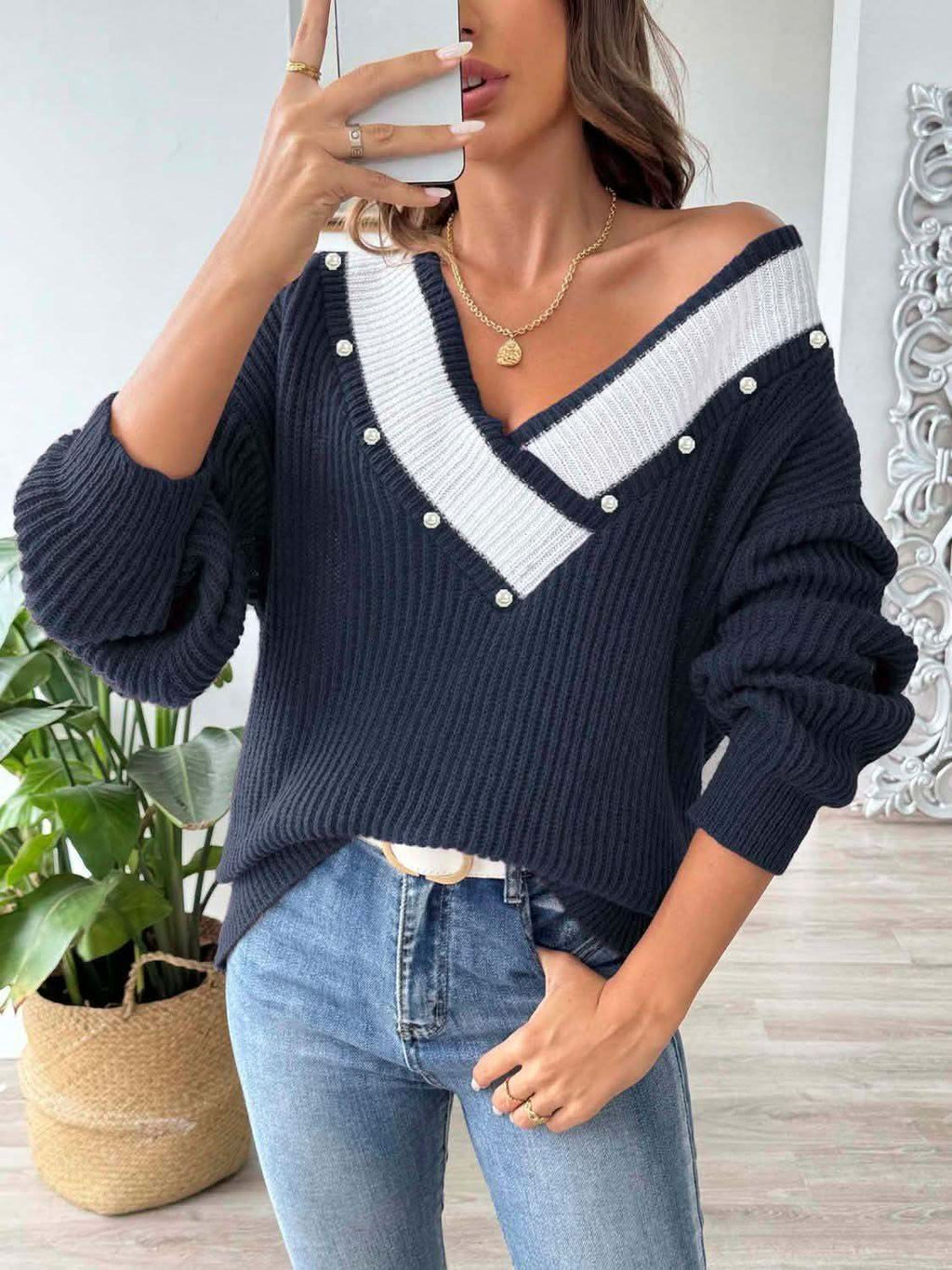 Contrast Trim Dropped Shoulder Long Sleeve Sweater in Dark Blue One Size - photo