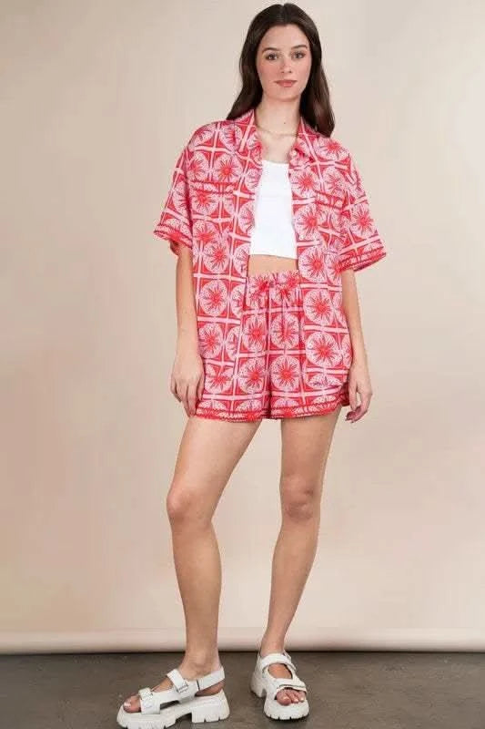 VERY J Full Size Tropical Printed Shirt Top and Shorts Set Plus Size in - photo