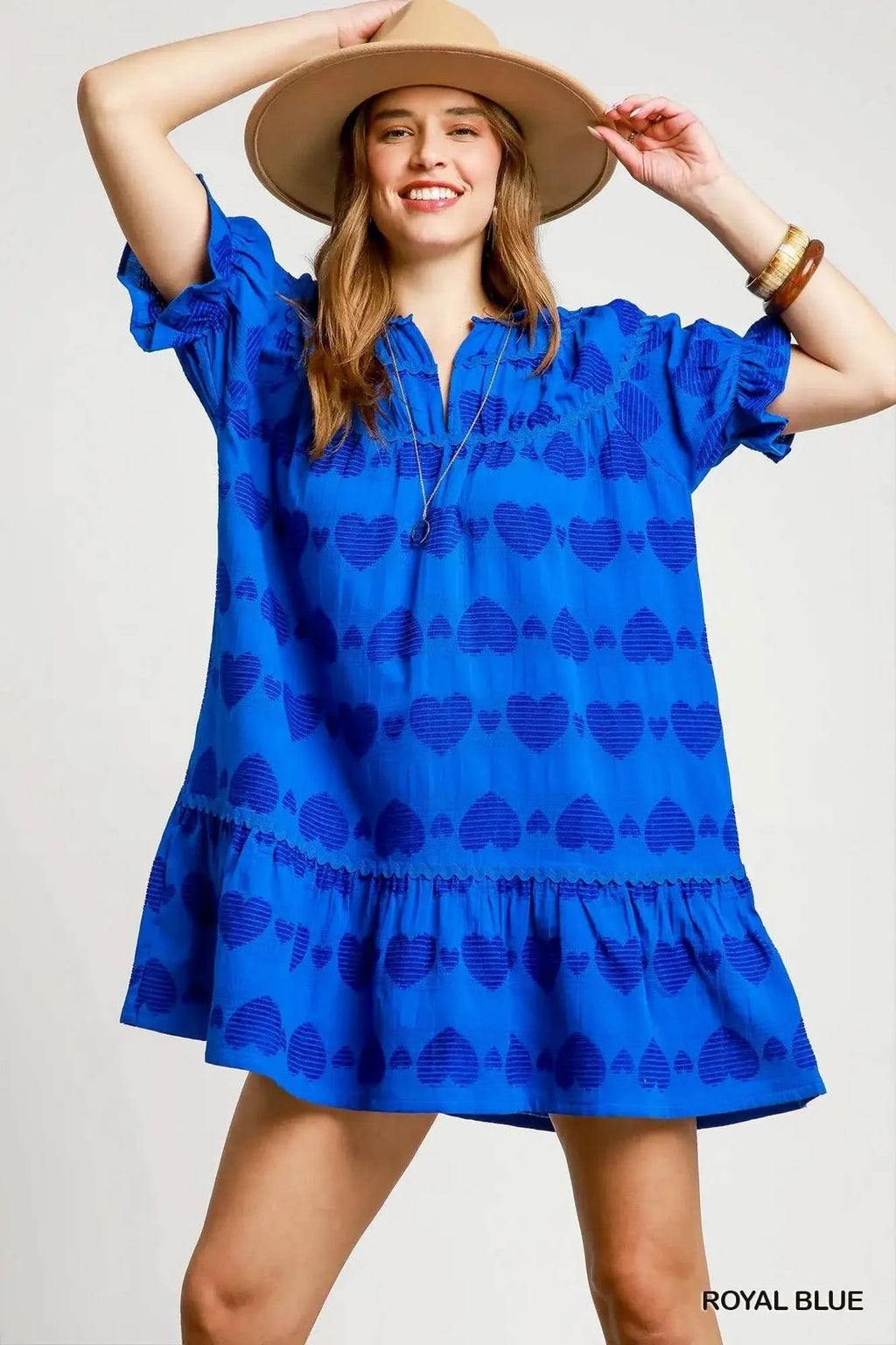 Umgee Heart Pattern Short Sleeve Ruffle Babydoll Dress in Royal Blue - photo