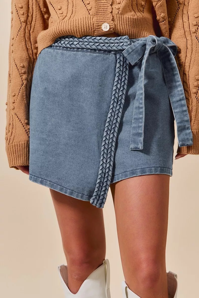 SO ME Wrap Braided Trimmed Denim Skort in - photo