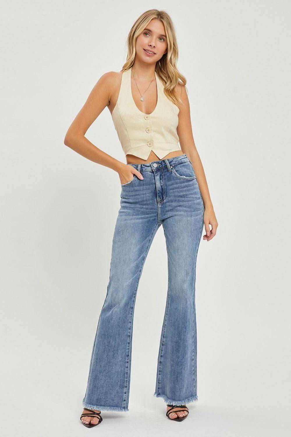 RISEN Full Size High Waist Raw Hem Flare Jeans in - photo