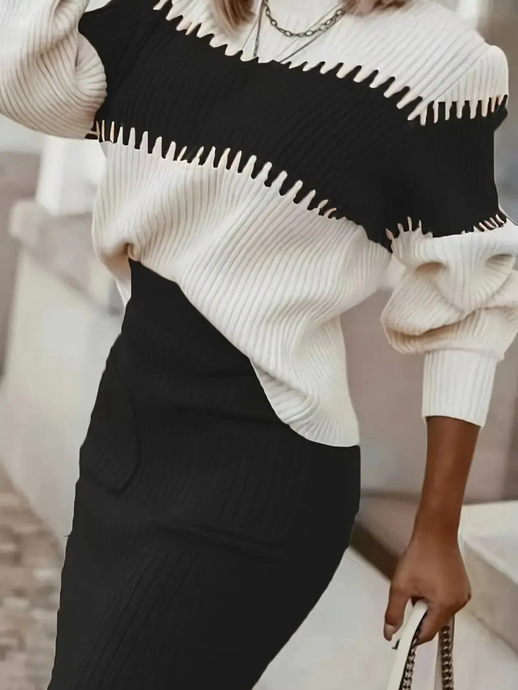 Two-Tone Ribbed Knit Top and Skirt Sweater Set in - photo