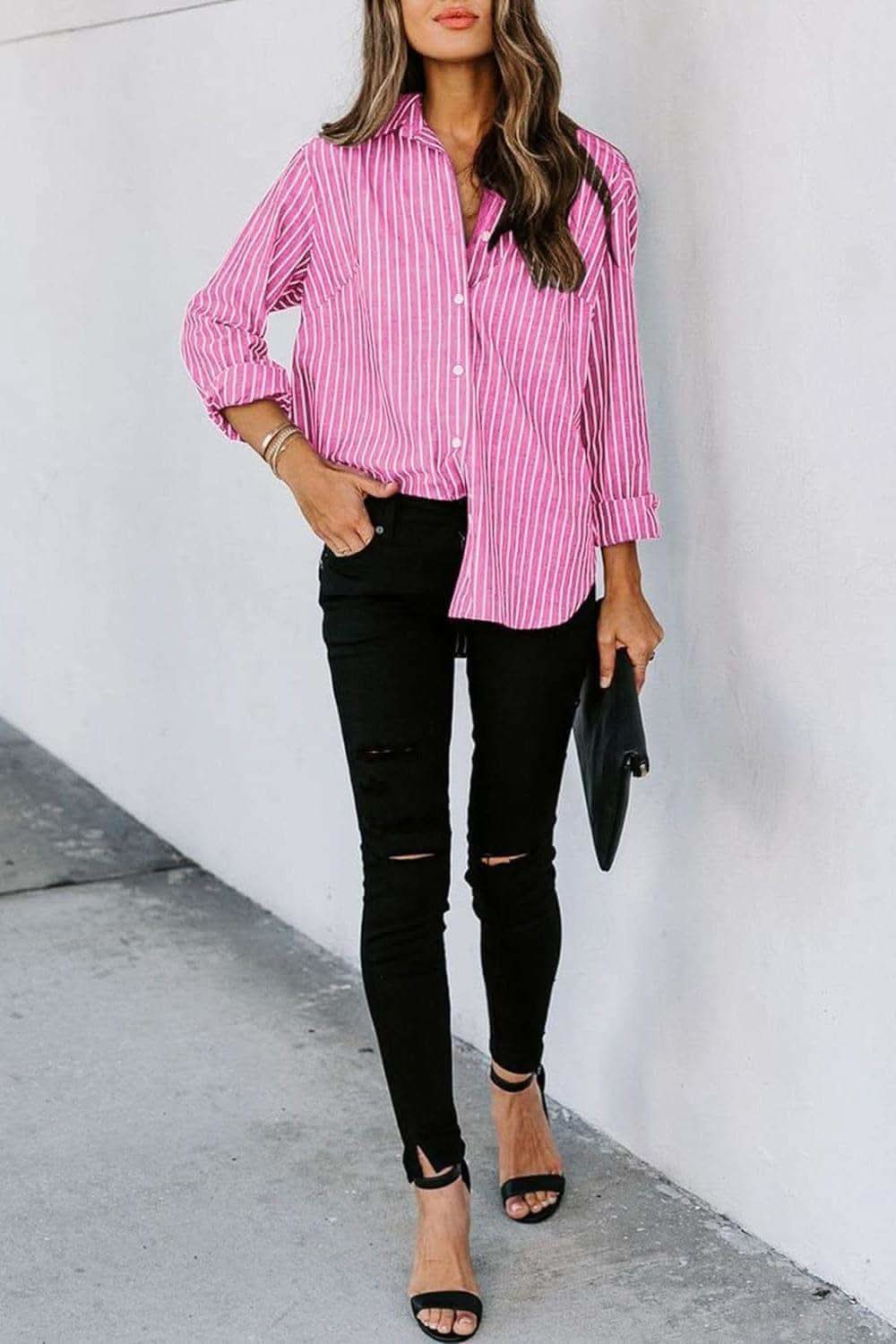Striped Button Up Long Sleeve Shirt - SwagglyLife Home & Fashion