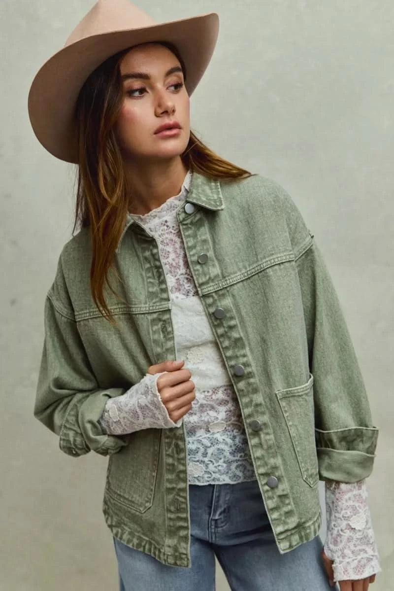 SO ME Vintage Washed Button Twill Shacket in - photo