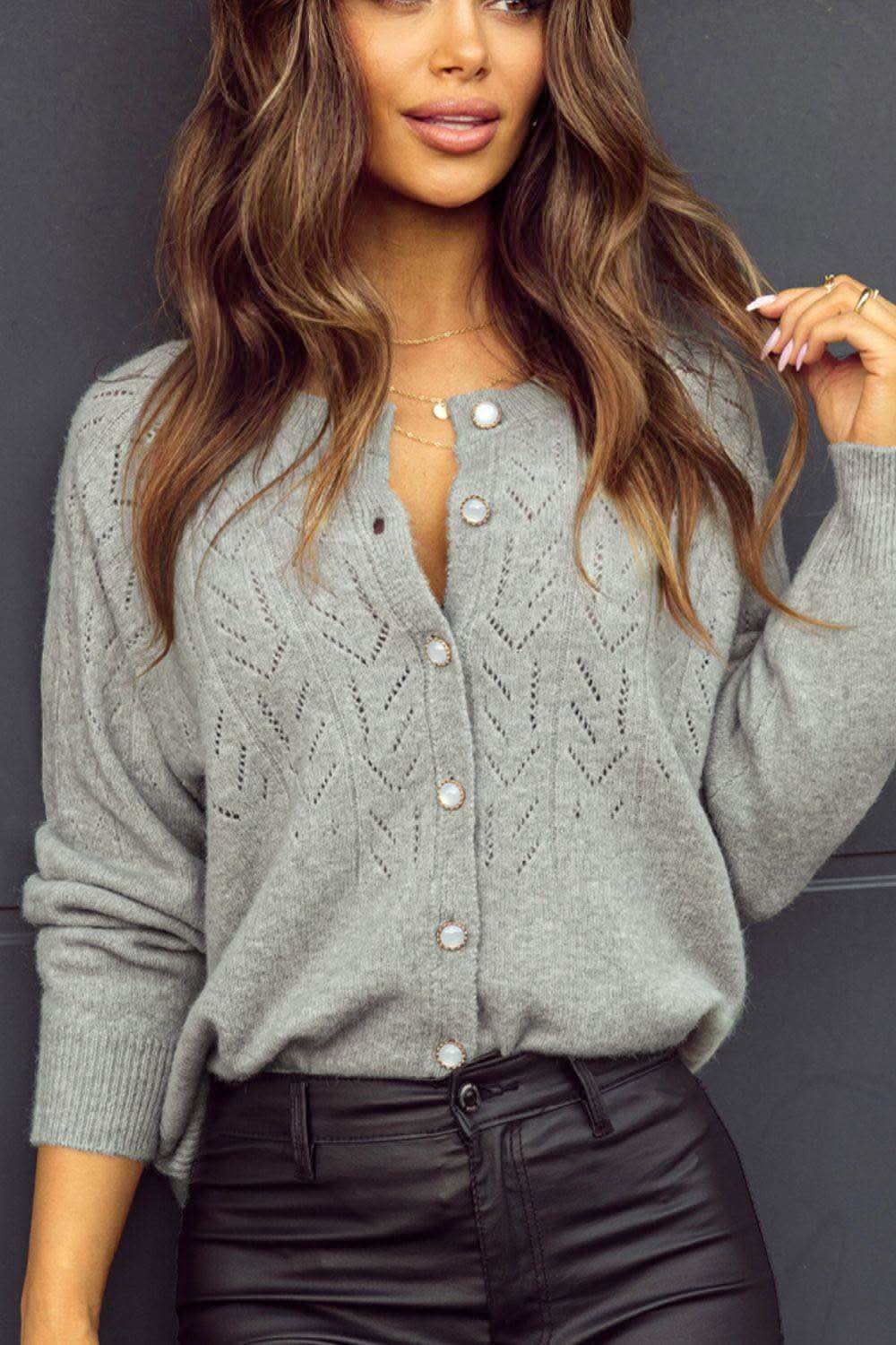 Openwork Button Down Long Sleeve Cardigan in - photo