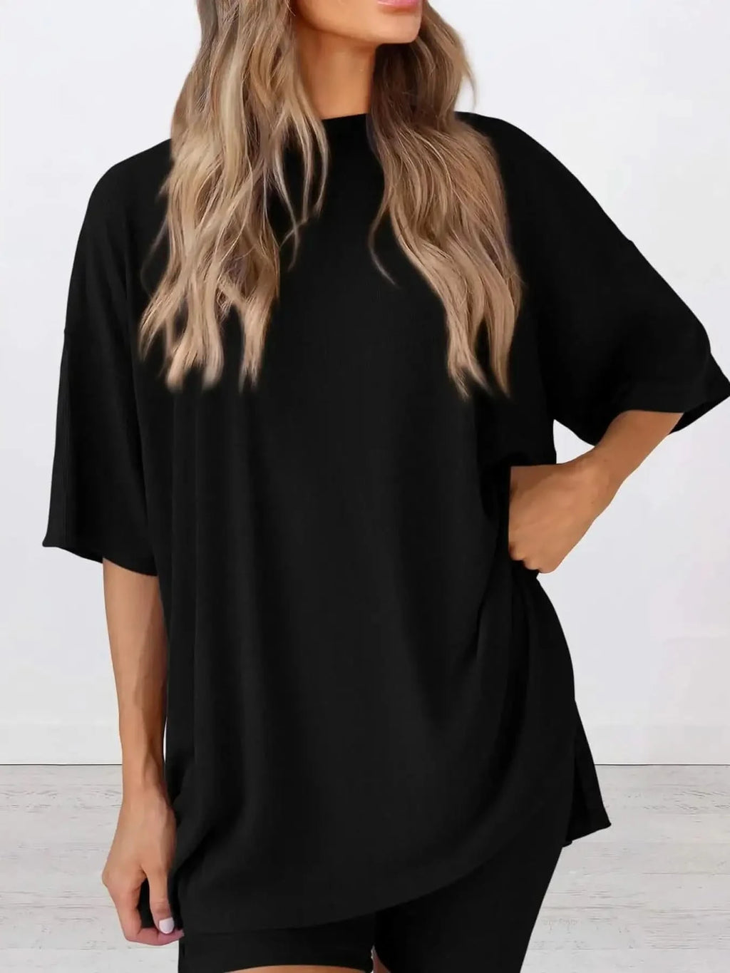 Full Size Oversized Slit Round Neck Top and Shorts Lounge Set Plus Size in Black - photo