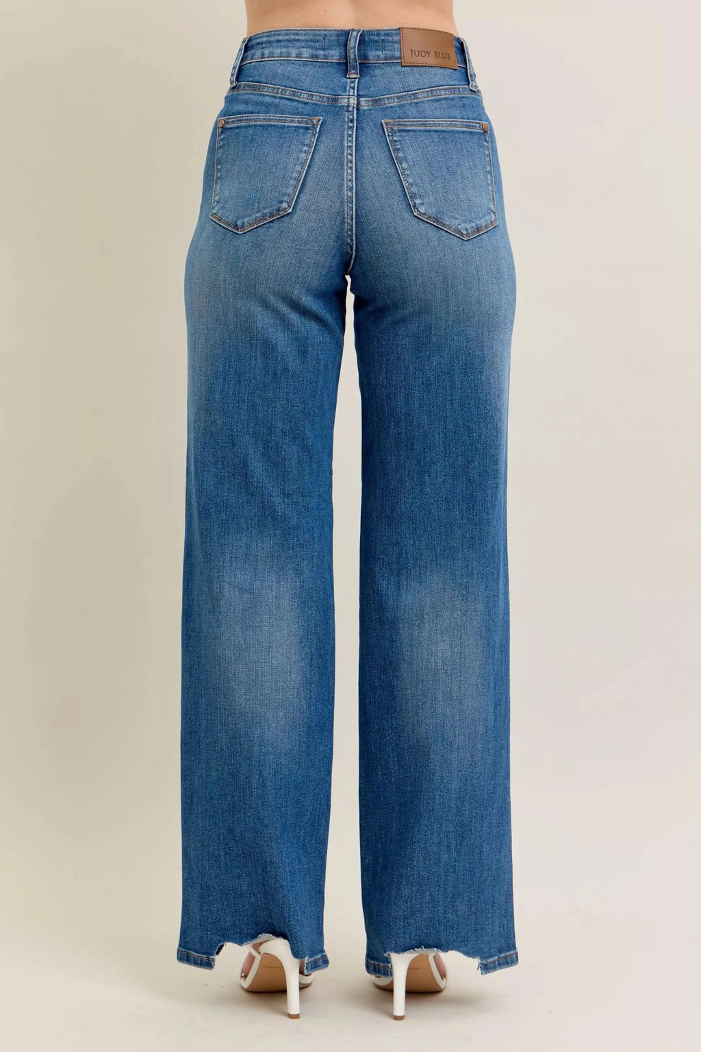 Judy Blue Full Size High Waist Tummy Control Chew Hem Destroy Wide Jeans Plus Size in - photo