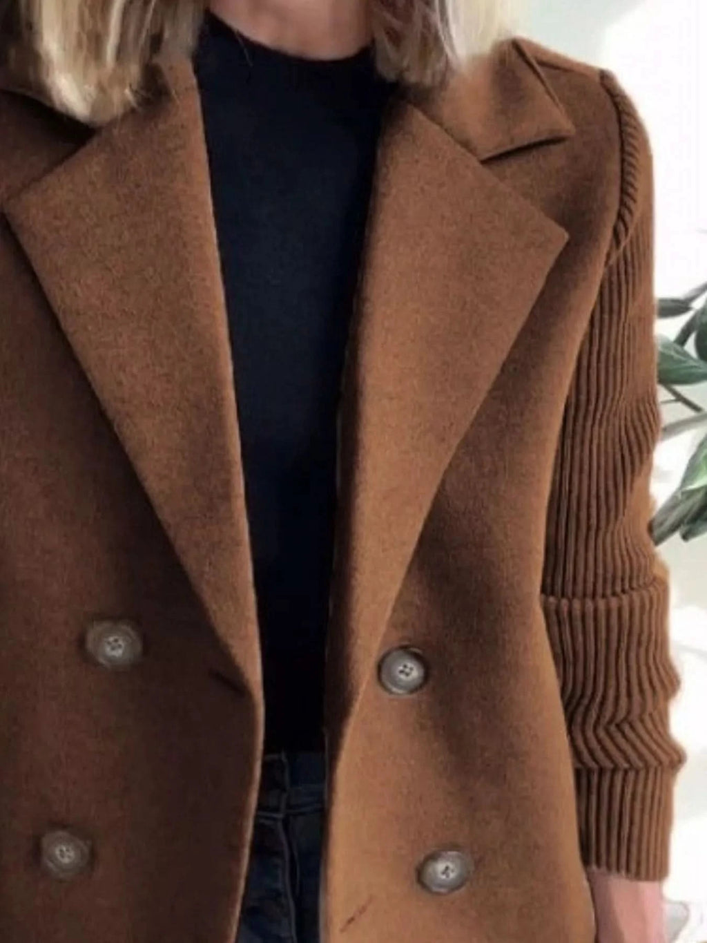 Knit Sleeve Double-Breasted Outerwear in - photo