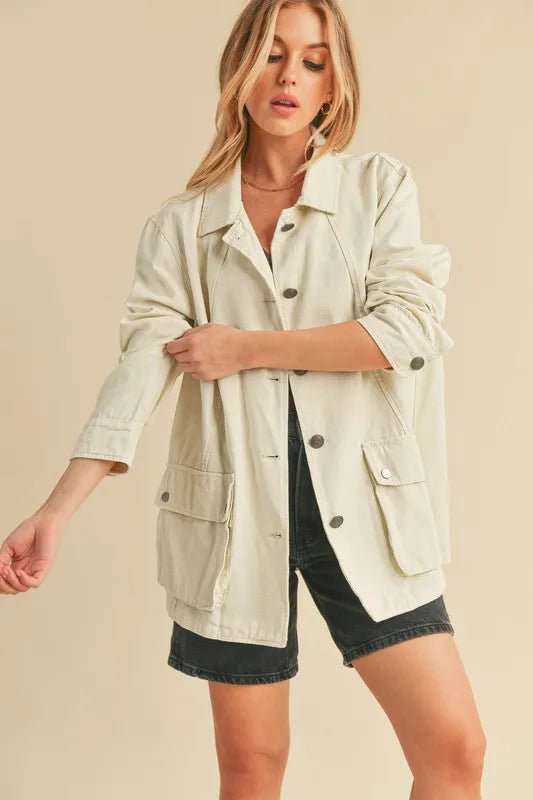 Aemi + Co Seam Detail Button Up Jacket with Pockets in Ivory - photo