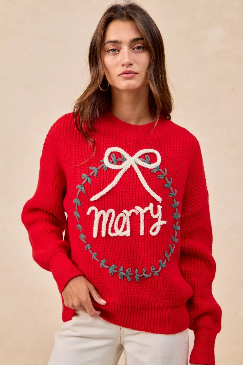 BiBi Christmas Wreath Merry Letter Knit Top in RED - photo