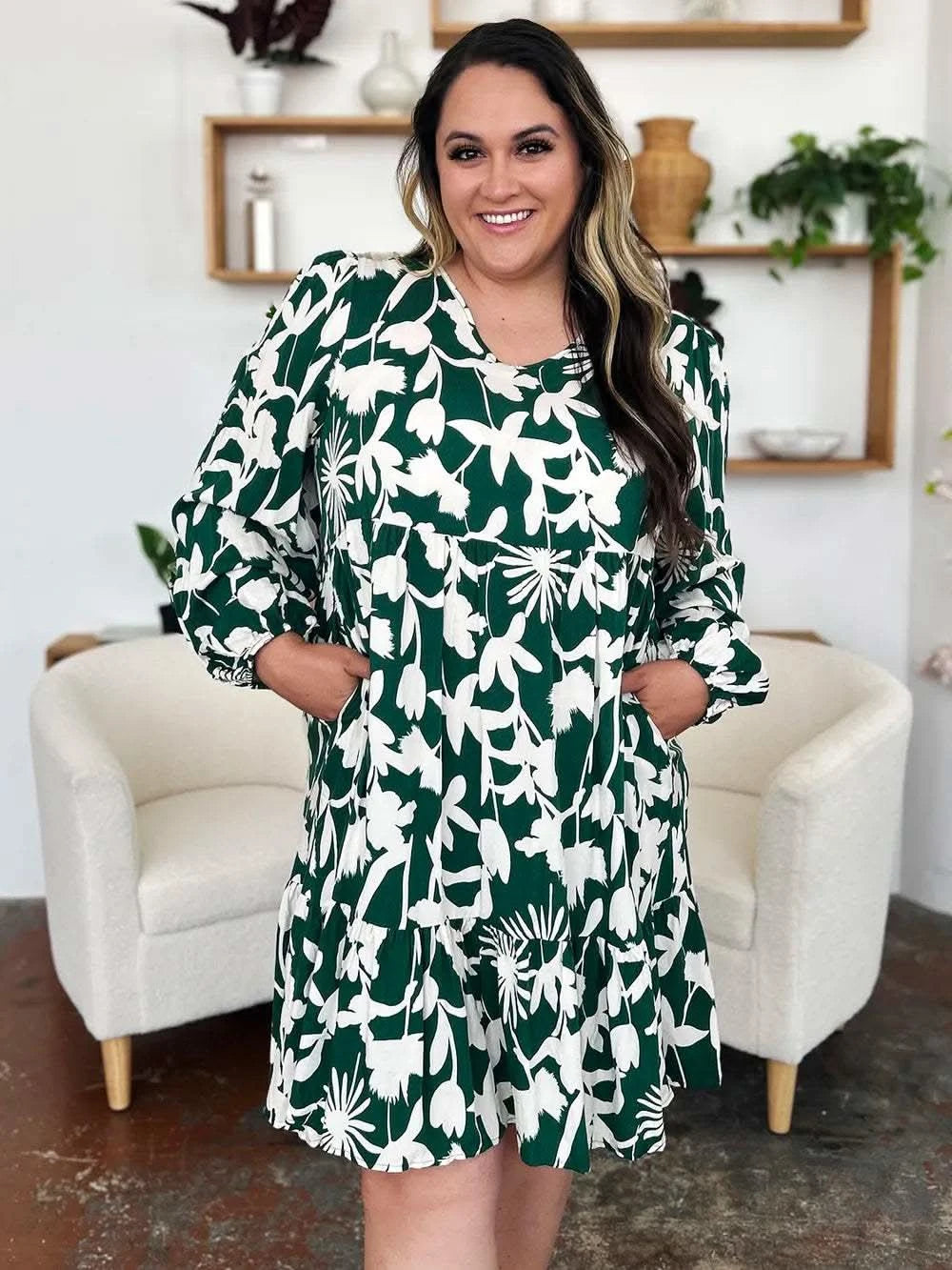 Double Take Full Size Printed Ruffle Hem Dress with Pocket in - photo