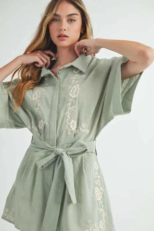 MABLE Embroidered Button Down Collared Neck Romper in - photo