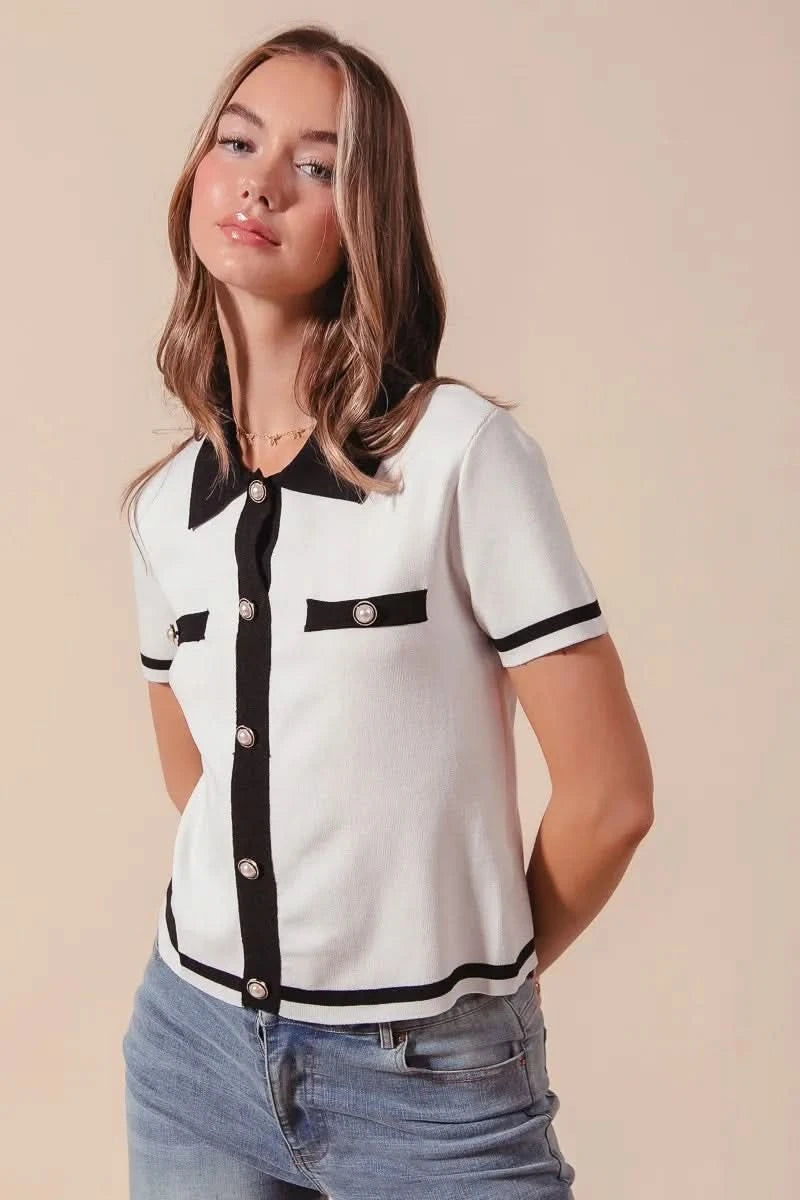 SO ME Button Down Knitted Sweater Shirt Top in - photo