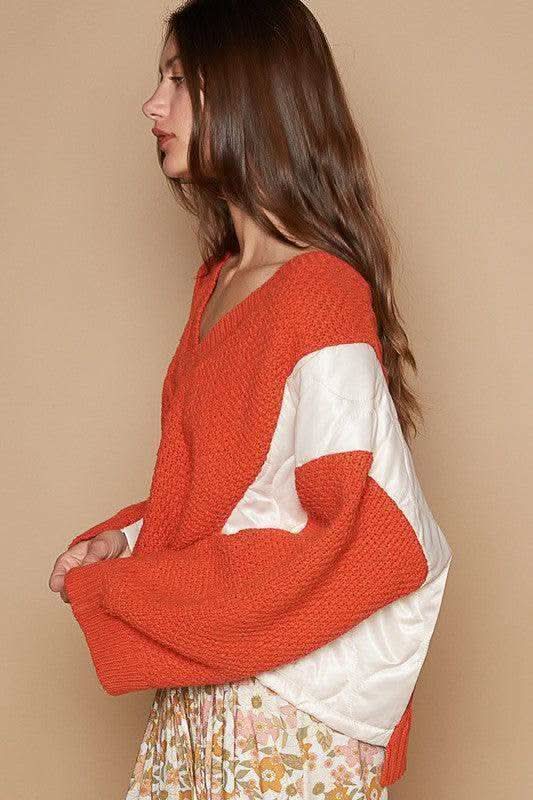 POL Cable Knit Quilting Patch V-Neck Contrast Sweater in - photo