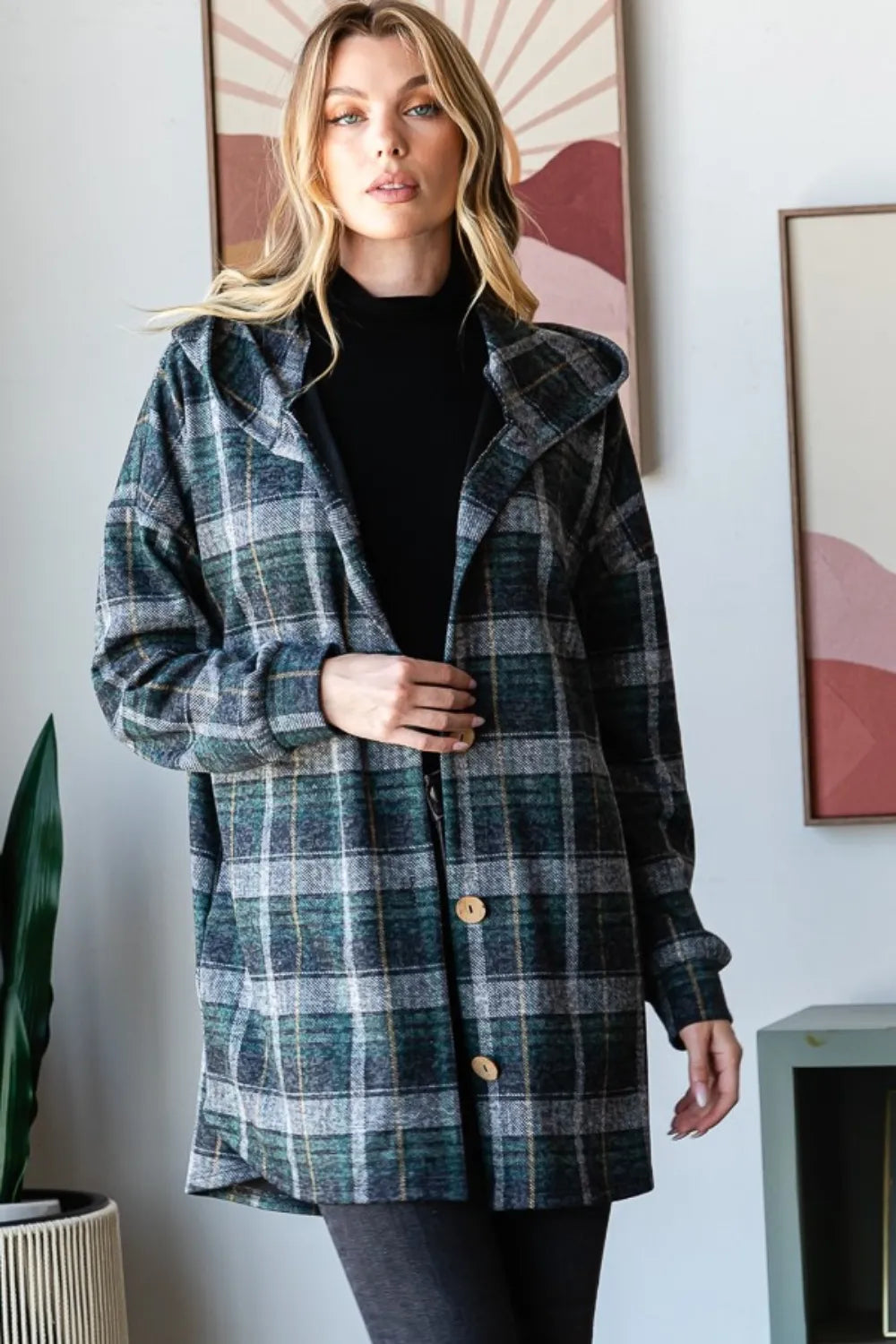 Heimish Plaid Button Down Long Sleeve Hooded Cardigan - SwagglyLife Home & Fashion