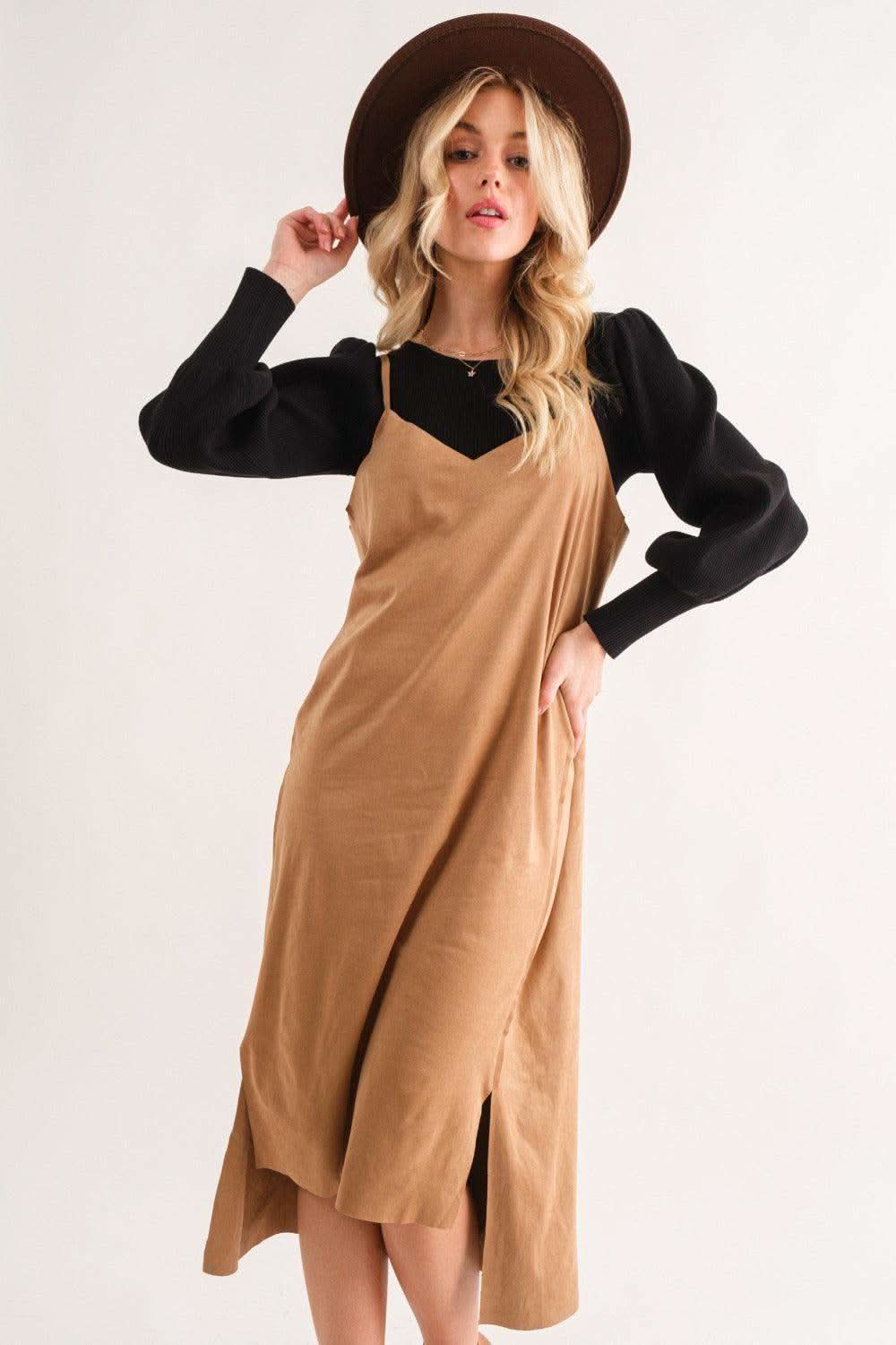 And The Why Faux Suede Cut Edge Slit Cami Midi Dress in Khaki - Dresses photo