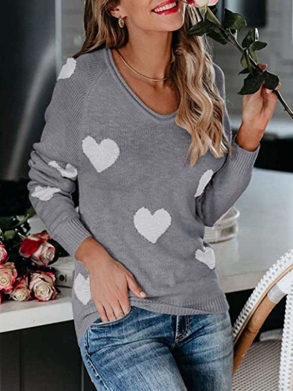 Heart Scoop Neck Long Sleeve Sweater in - photo