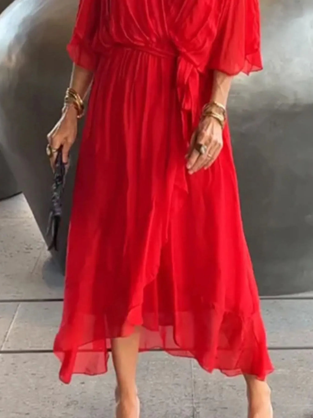 Flowy Tie Front Midi Dress with Flutter Sleeves in - photo