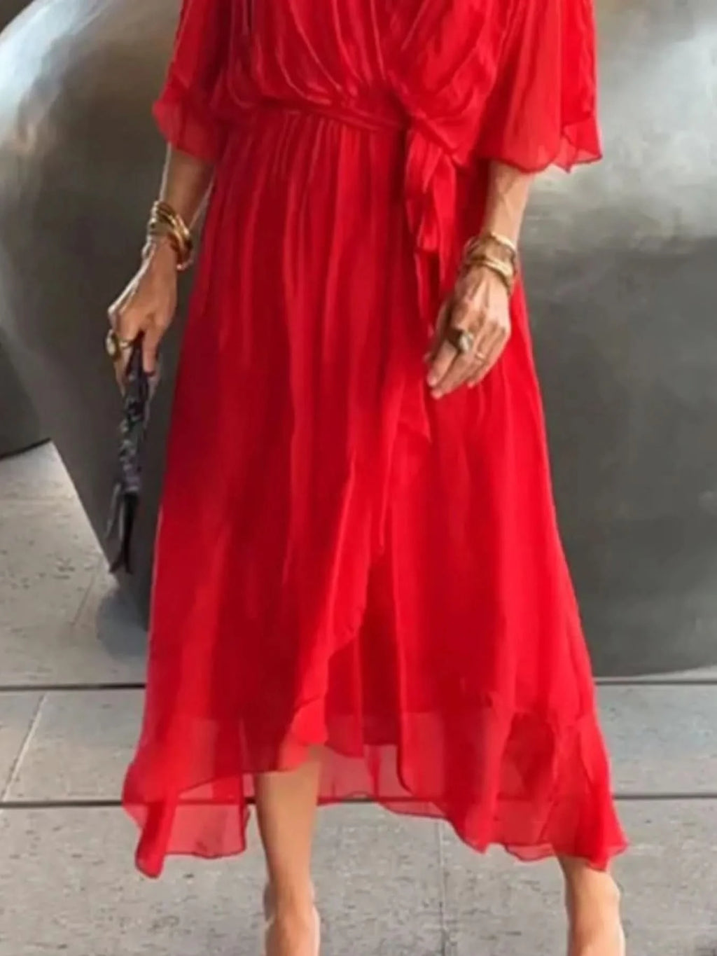 Flowy Tie Front Midi Dress with Flutter Sleeves in - photo