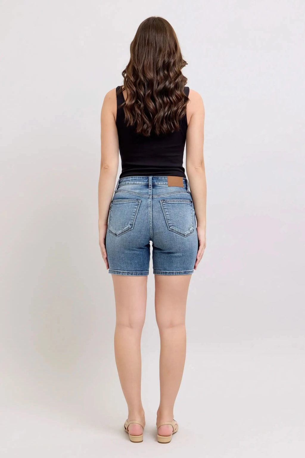 Judy Blue Button Fly Mid Length Denim Shorts W/ Destroy in - photo