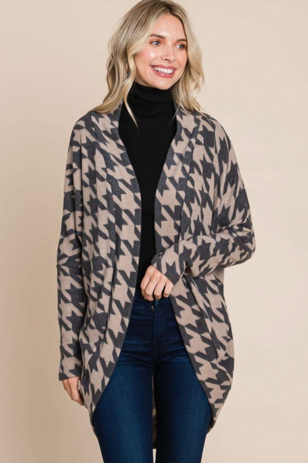 BOMBOM Houndstooth Open Front Cocoon Knit Cardigan - SwagglyLife Home & Fashion BOMBOM Houndstooth Open Front Cocoon Knit Cardigan - SwagglyLife Home & Fashion